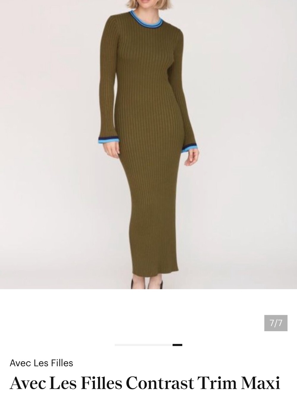 Avec Les Filles Olive Ribbed Maxi Dress with Blue Contrast Trim